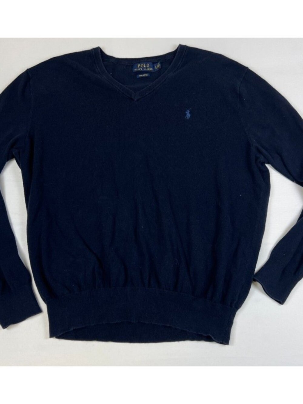 Polo Ralph Lauren Mens Size L Navy Blue Pima Cotton V-Neck Sweater Pony
